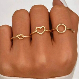 3 piece Gold Trendy Knot Circle & Heart Ring Set